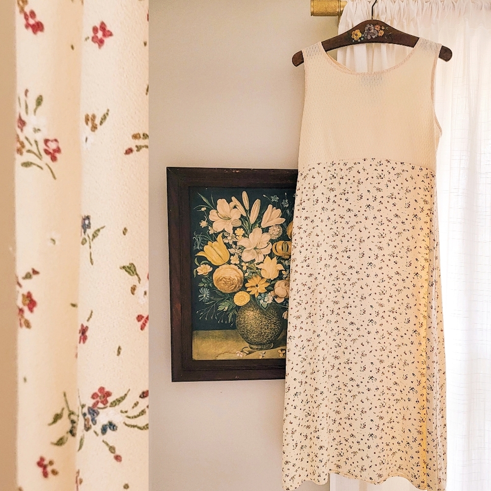 Vintage Ivory and Black Floral Midi Dress